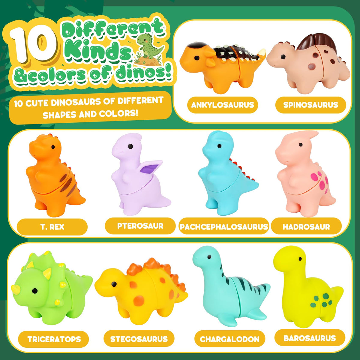 FQKIOMY Dinosaur Toys – Montessori Fine Motor Learning Games, 10-Piece Matching Set for 2-3 Year Olds