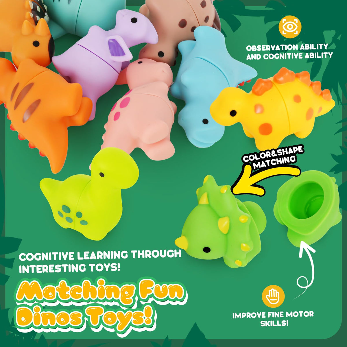 FQKIOMY Dinosaur Toys – Montessori Fine Motor Learning Games, 10-Piece Matching Set for 2-3 Year Olds