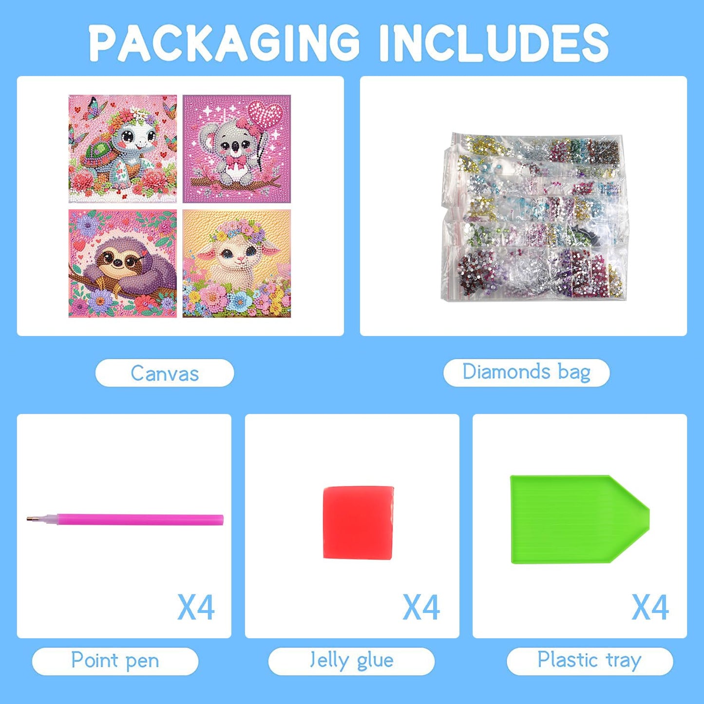 FQOVKYN 4-Piece 5D Cute Animals Diamond Art Kits for Kids – 15x15 cm Full Drill Mosaic