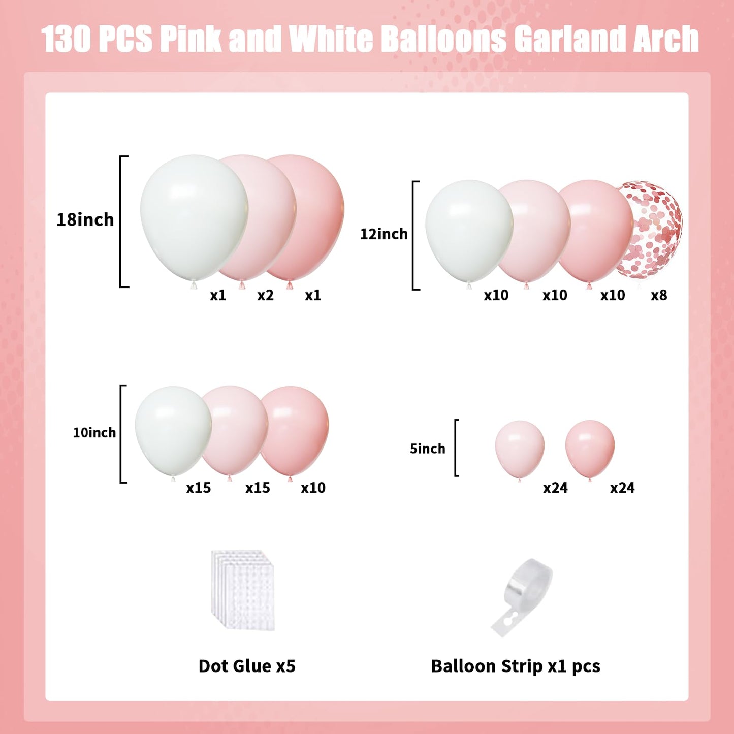 FQZYLCH Light Pink & White Balloon Garland Kit – 130pcs Balloon Arch for Weddings & Parties