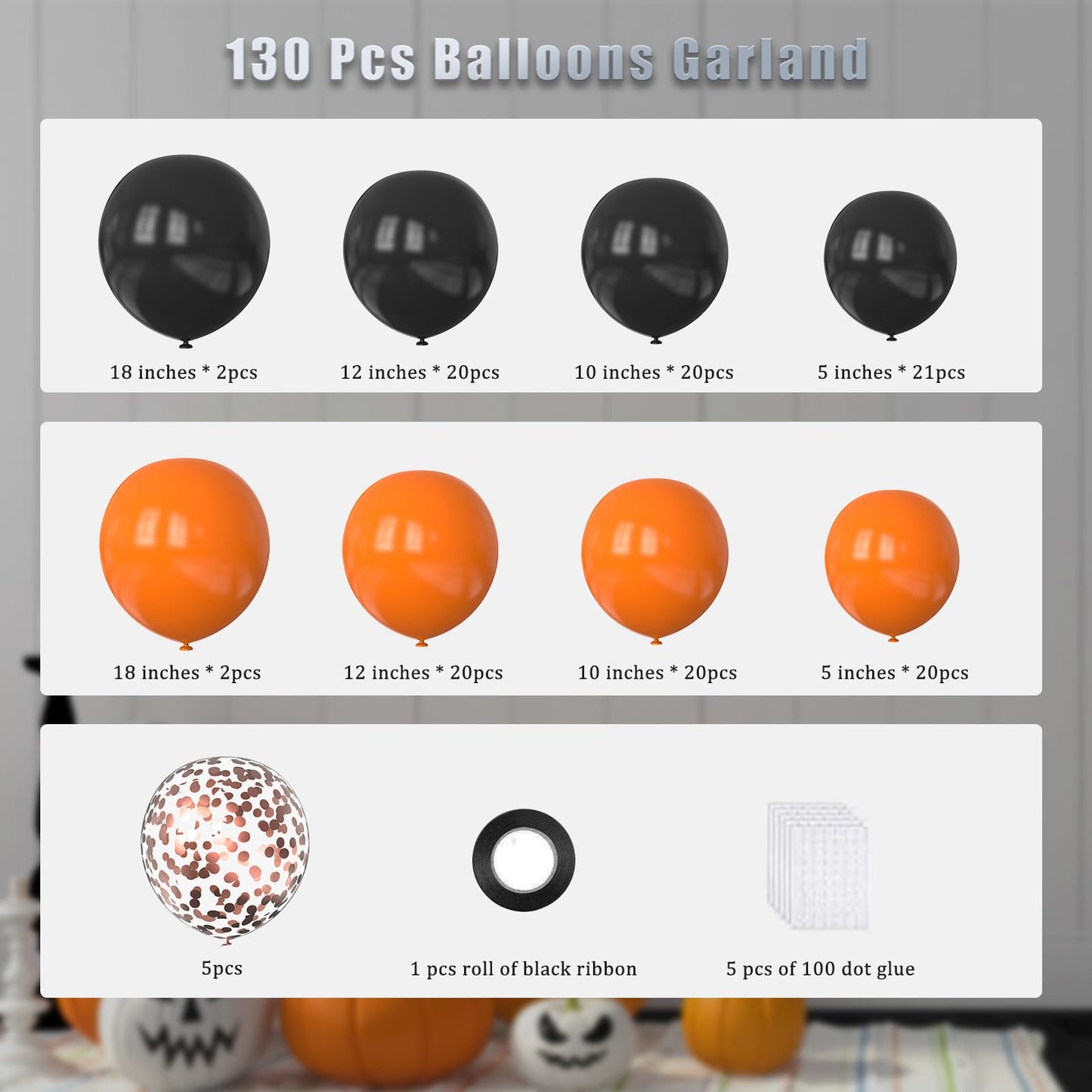 FQZYLCH Orange & Black Balloon Arch Kit – 130 Pcs for Halloween & Celebrations
