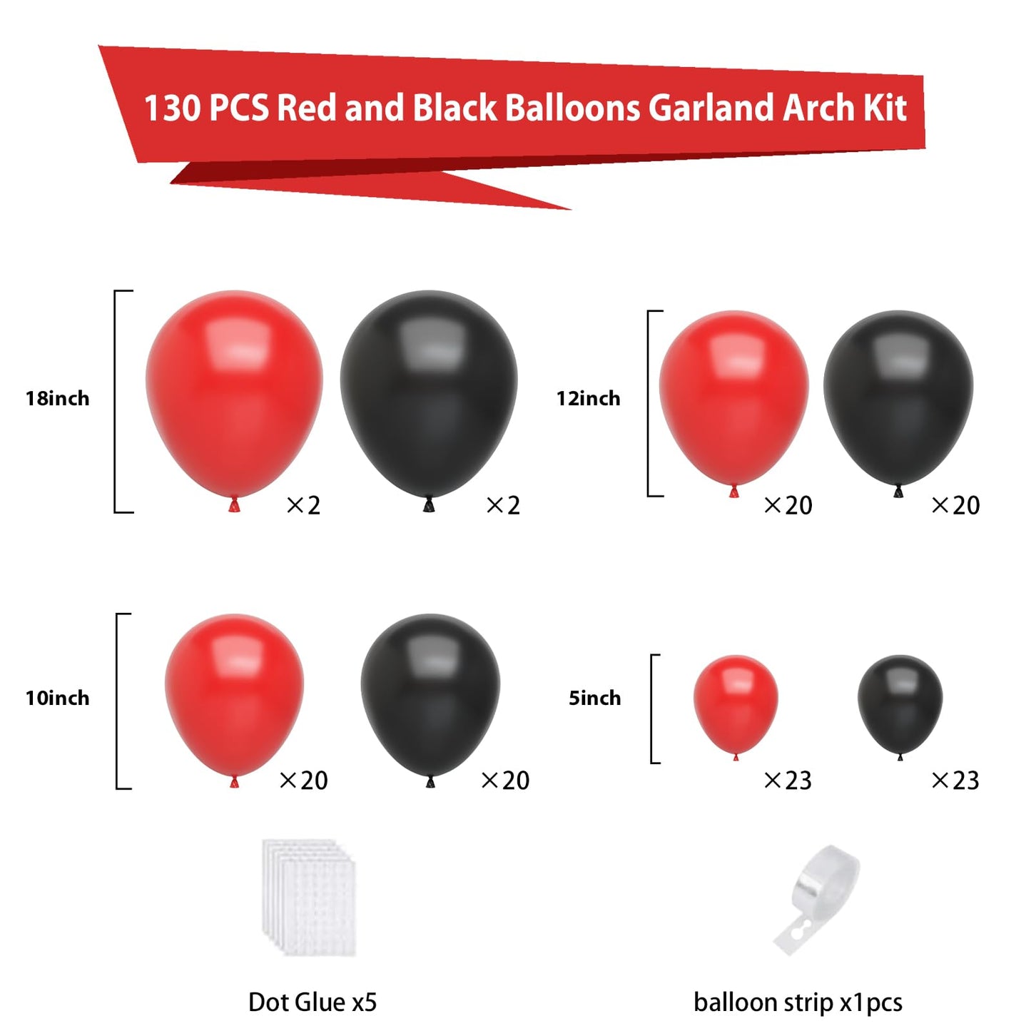 FQZYLCH Red & Black Balloons Garland Arch Kit – 130pcs Matte Latex Party Decor