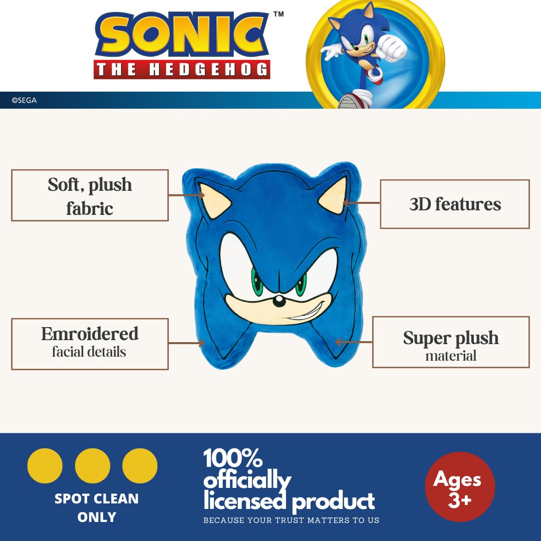 Franco Sonic The Hedgehog Face Decorative Plush Pillow 16-inch Officially Licensed
