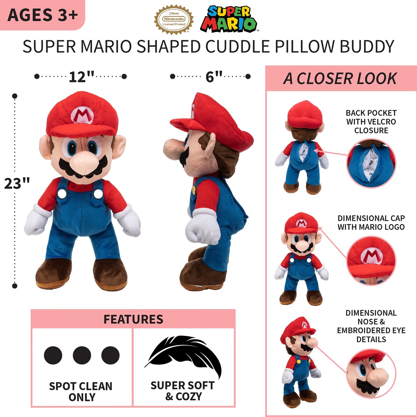 Franco Super Mario Plush Cuddle Pillow Buddy – One Size