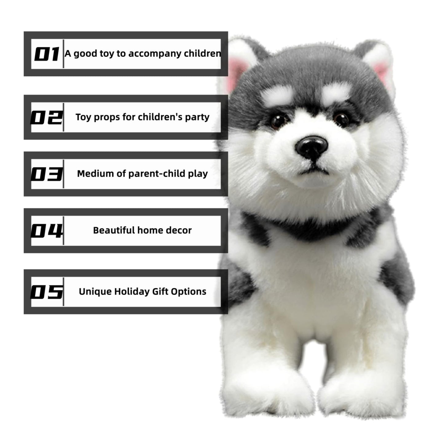 FRANKIEZHOU Lifelike Husky Plush Toy — 11-inch Gray Alaskan Malamute Stuffed Animal