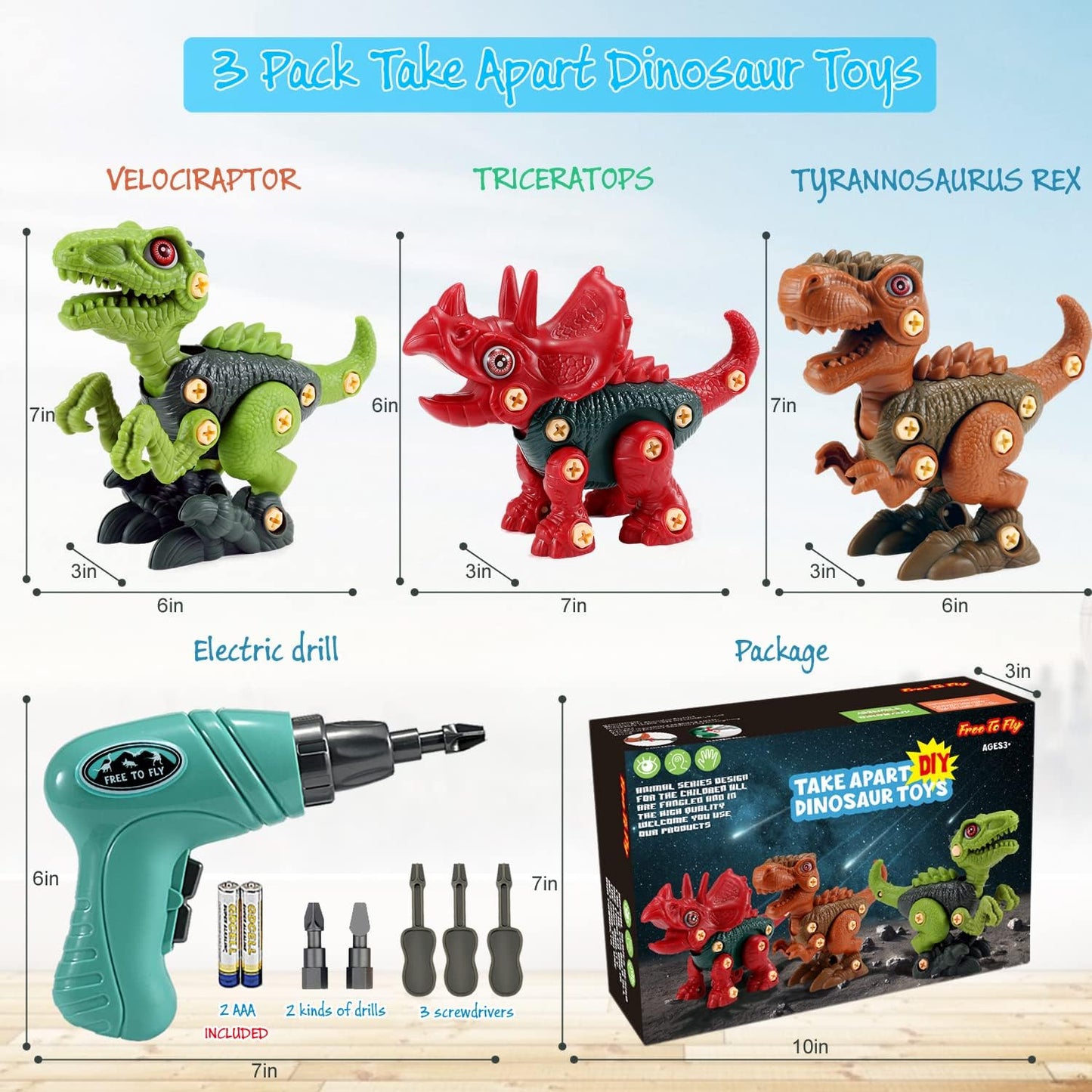 FREE TO FLY STEM Dinosaur Toys – Take-Apart Dinos for Kids 3-8