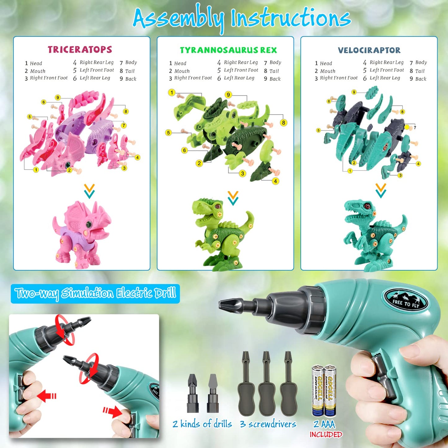FREE TO FLY Dinosaur Toys for 3-7 Year Olds | Take Apart STEM Building Kit with Drill