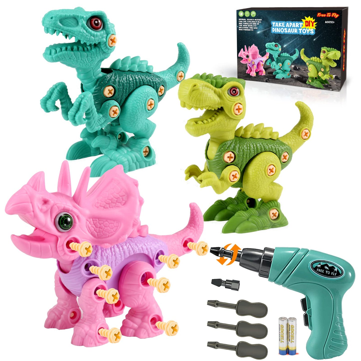 FREE TO FLY Dinosaur Toys for 3-7 Year Olds | Take Apart STEM Building Kit with Drill