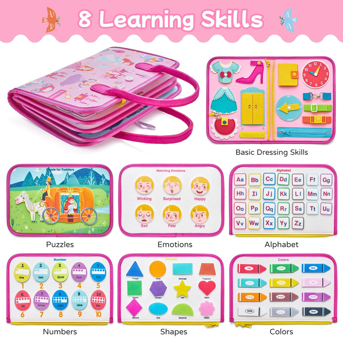 Freebear Busy Board Toddler Travel Toys — Montessori Sensory Board for 1–4 yrs (Princess)