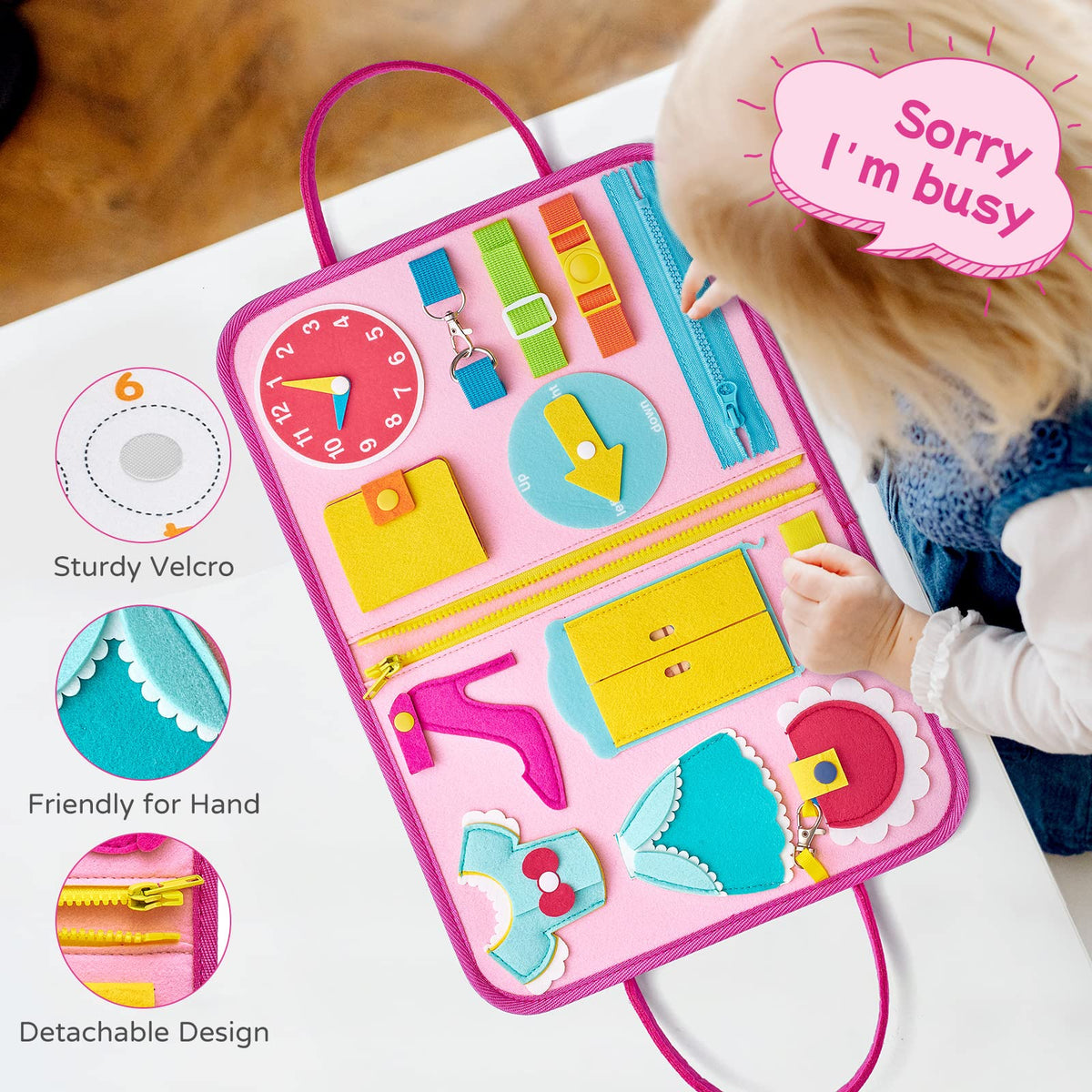 Freebear Busy Board Toddler Travel Toys — Montessori Sensory Board for 1–4 yrs (Princess)