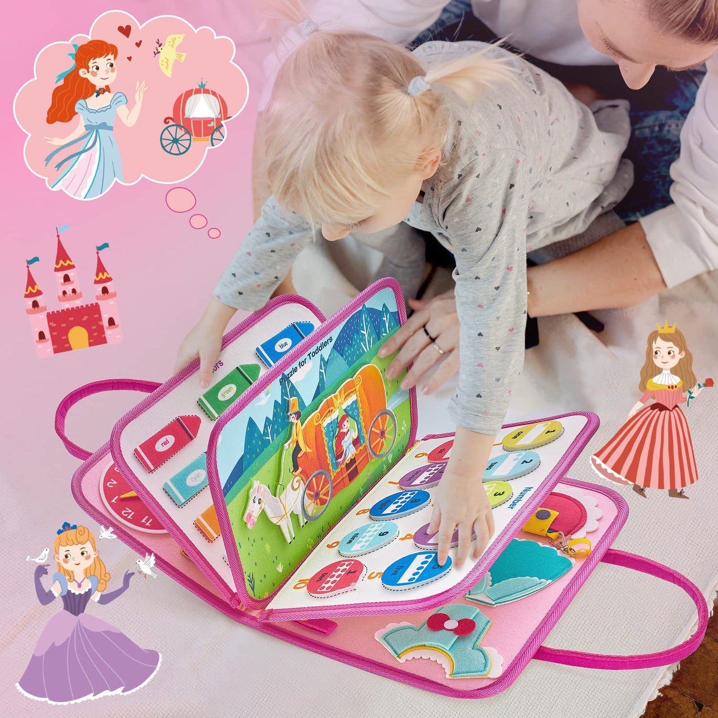 Freebear Busy Board Toddler Travel Toys — Montessori Sensory Board for 1–4 yrs (Princess)