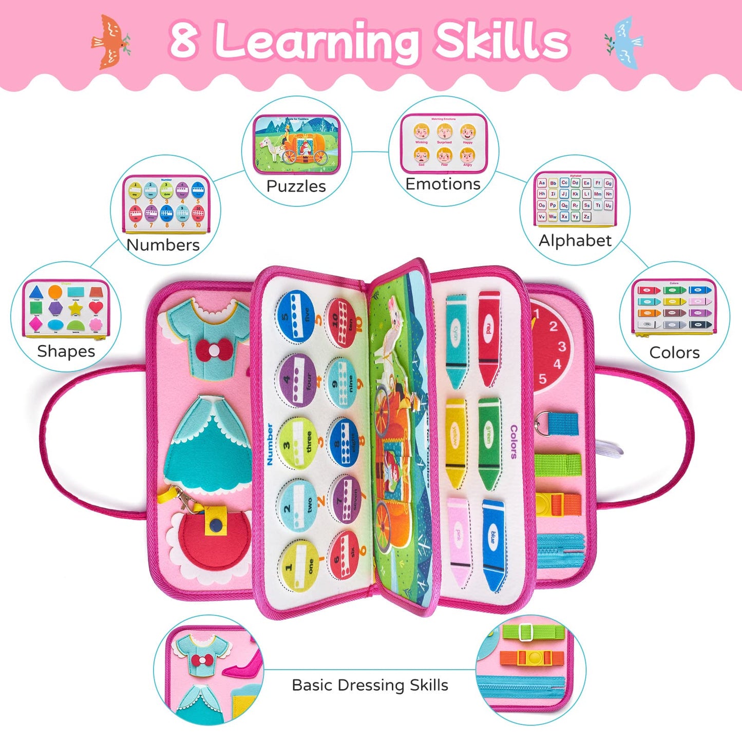 Freebear Busy Board Toddler Travel Toys — Montessori Sensory Board for 1–4 yrs (Princess)