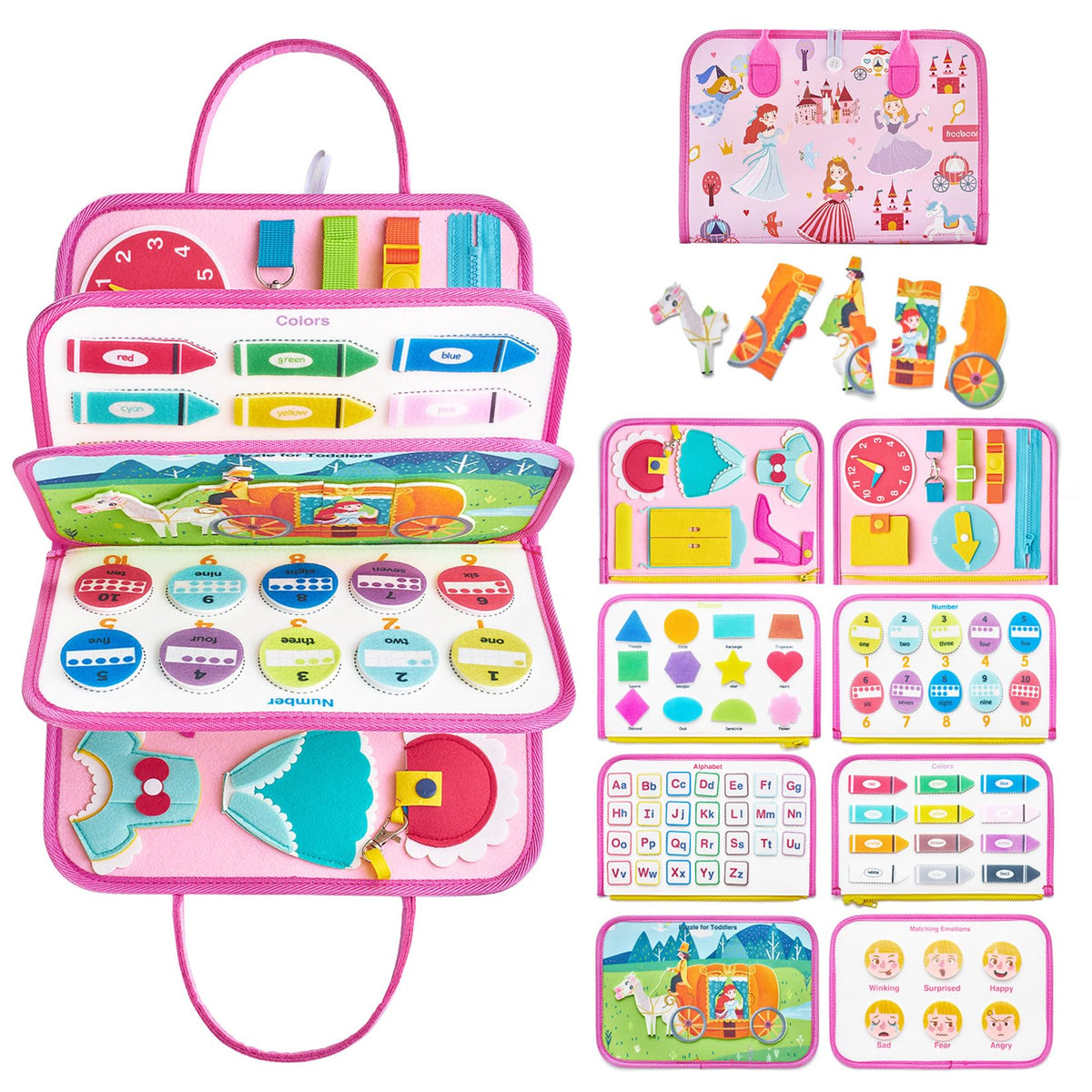 Freebear Busy Board Toddler Travel Toys — Montessori Sensory Board for 1–4 yrs (Princess)