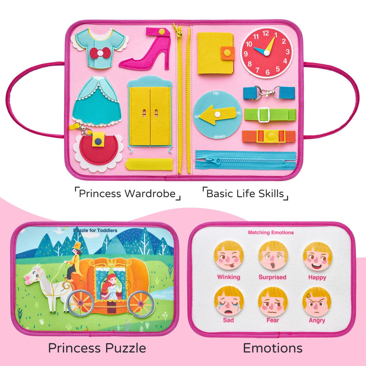 Freebear Busy Board Toddler Travel Toys — Montessori Sensory Board for 1–4 yrs (Princess)