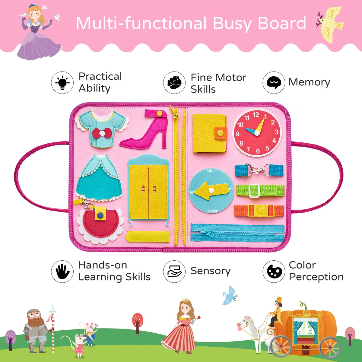 Freebear Busy Board Toddler Travel Toys — Montessori Sensory Board for 1–4 yrs (Princess)