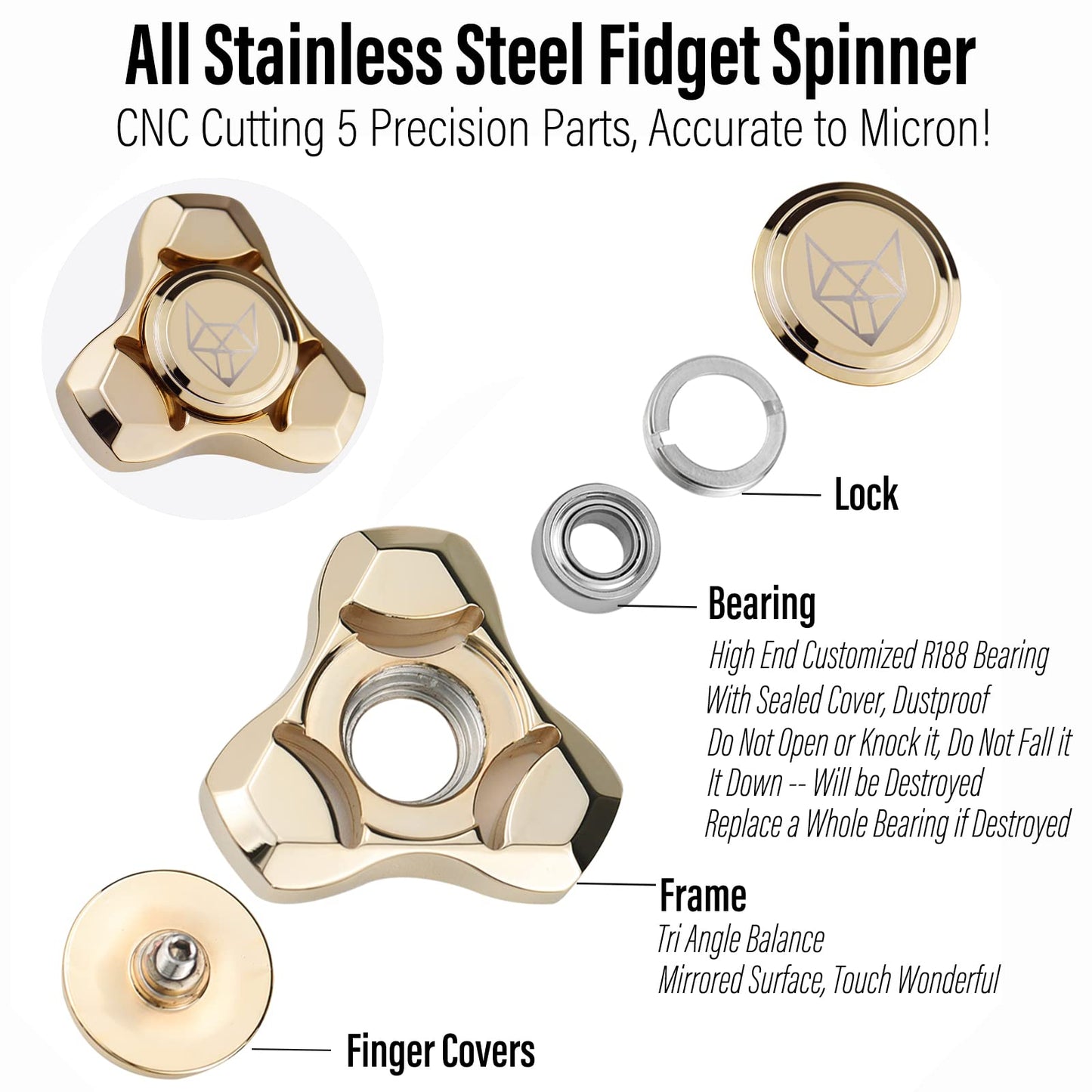 FREELOVE Metal Fidget Spinner for Adults — Stainless Steel Heavy Spin, Fox Mini Gyro, Premium Bearings, Gold