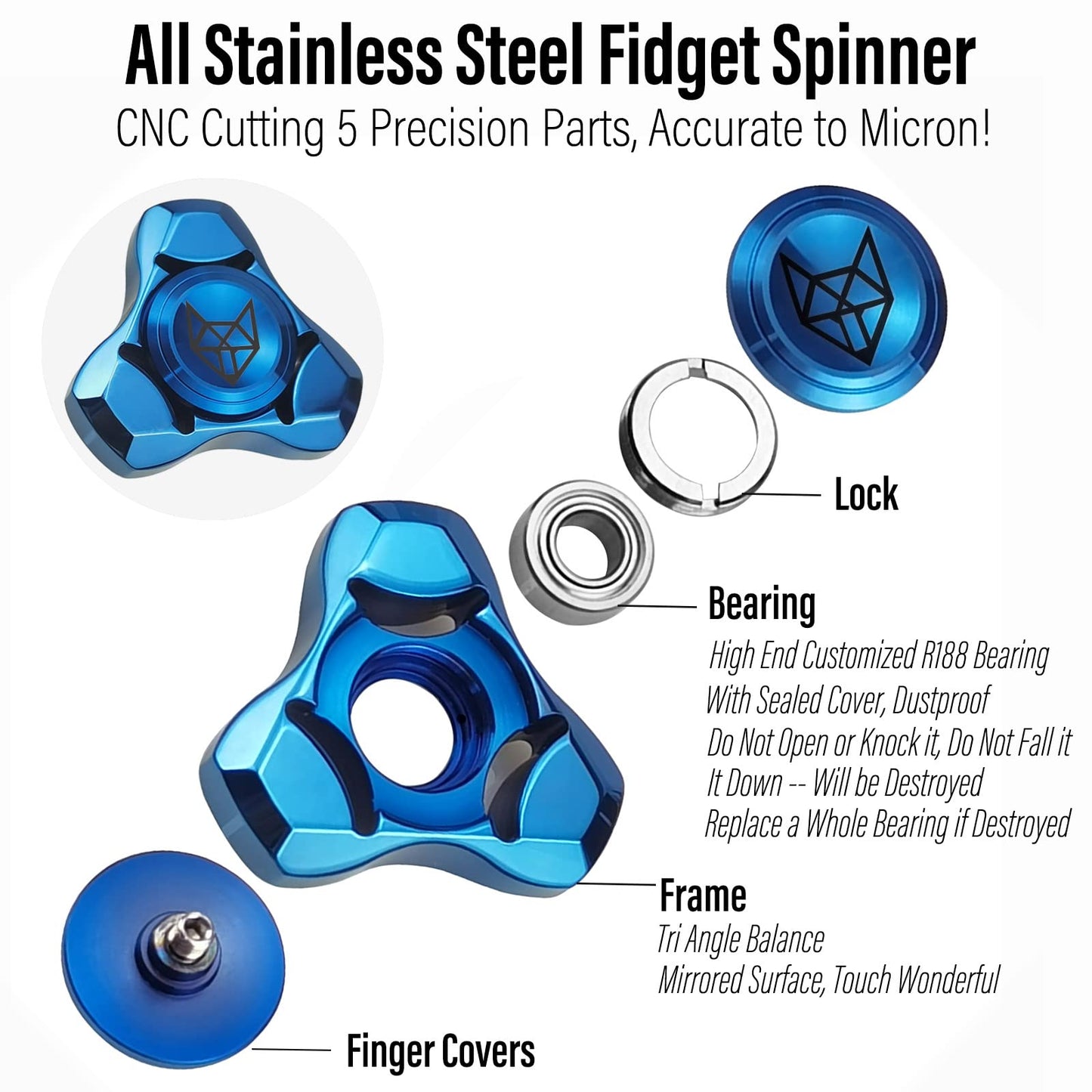 FREELOVE Metal Fidget Spinner for Adults – Stainless Steel, Heavy Spin, Blue