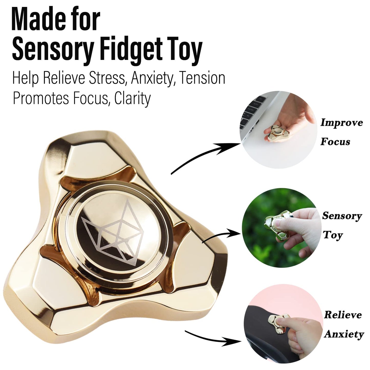 FREELOVE Metal Fidget Spinner for Adults — Stainless Steel Heavy Spin, Fox Mini Gyro, Premium Bearings, Gold