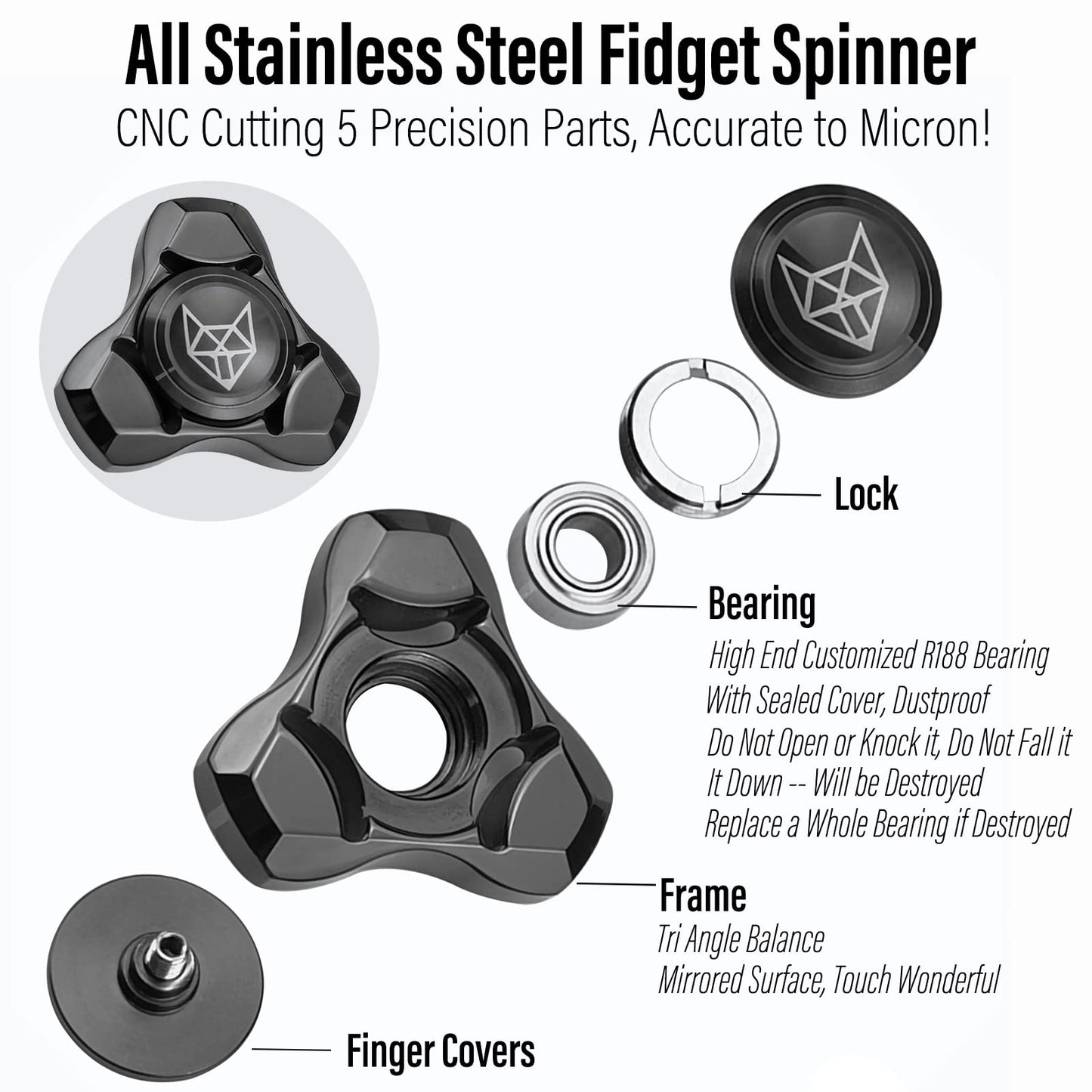 FREELOVE Metal Fidget Spinner – Stainless Steel Heavy Spin, Fox Mini Gyro, Black