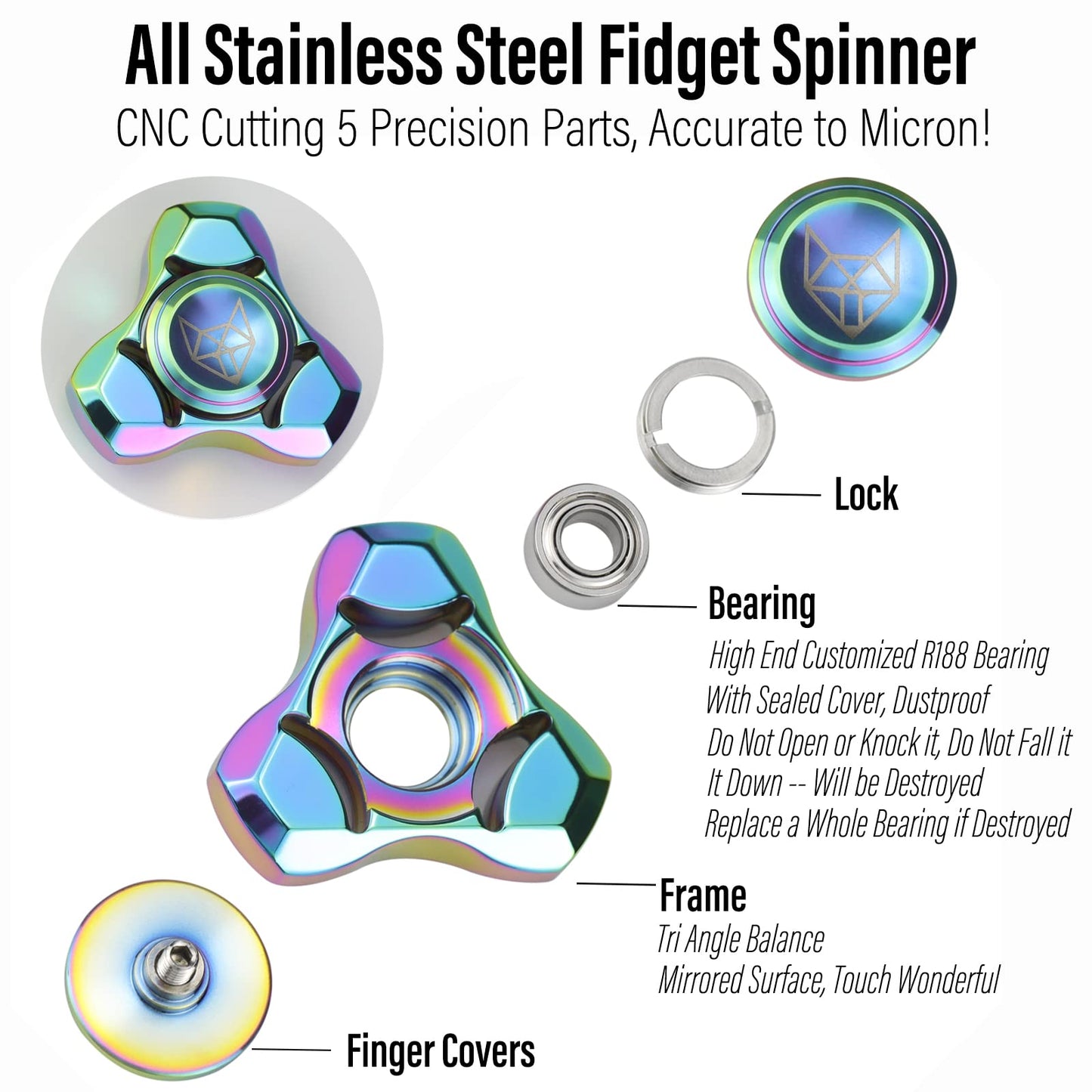 FREELOVE Metal Fidget Spinner for Adults – Stainless Steel, Fox Mini Gyro, Rainbow Finish