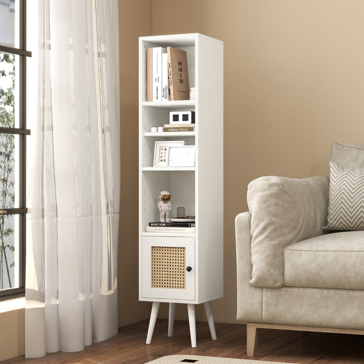 Freestanding Slim Cabinet with Rattan Door and Solid Wood Legs-Black