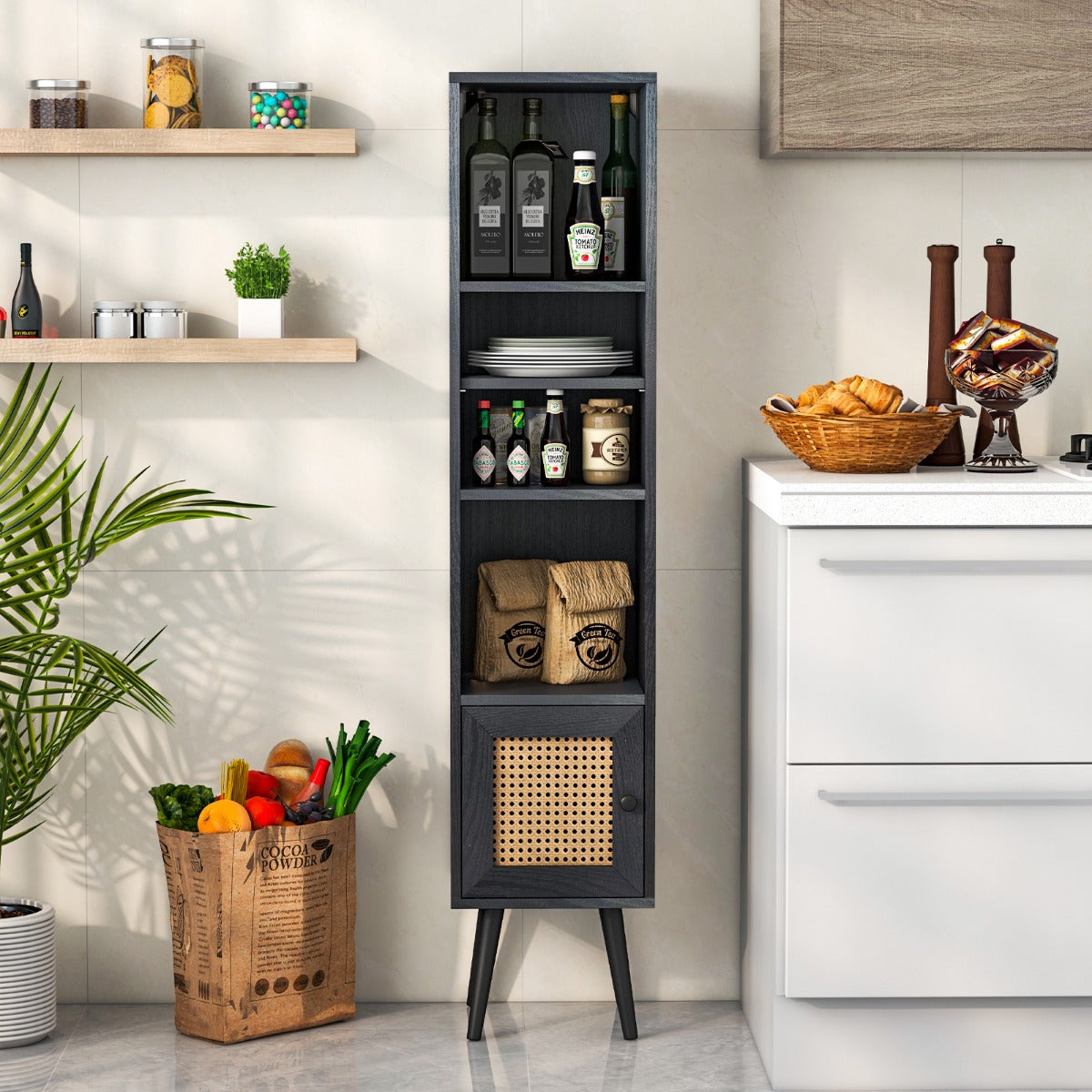 Freestanding Slim Cabinet with Rattan Door and Solid Wood Legs-Black