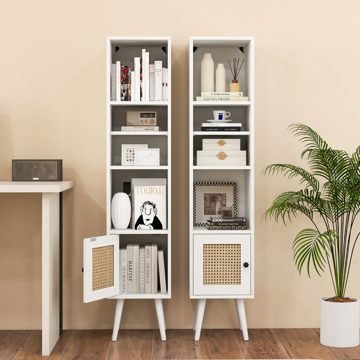 Freestanding Slim Cabinet with Rattan Door and Solid Wood Legs-Black