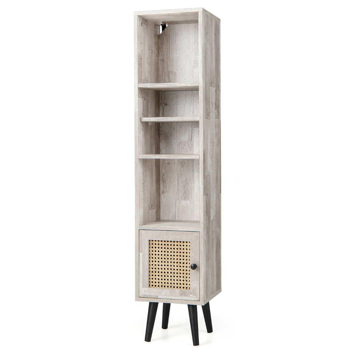 Freestanding Slim Cabinet with Rattan Door and Solid Wood Legs-Black