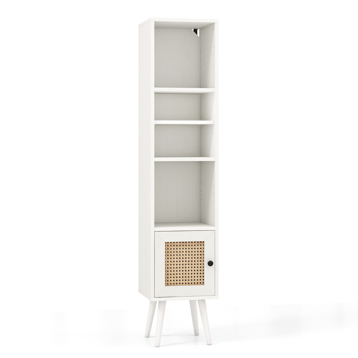 Freestanding Slim Cabinet with Rattan Door and Solid Wood Legs-Black