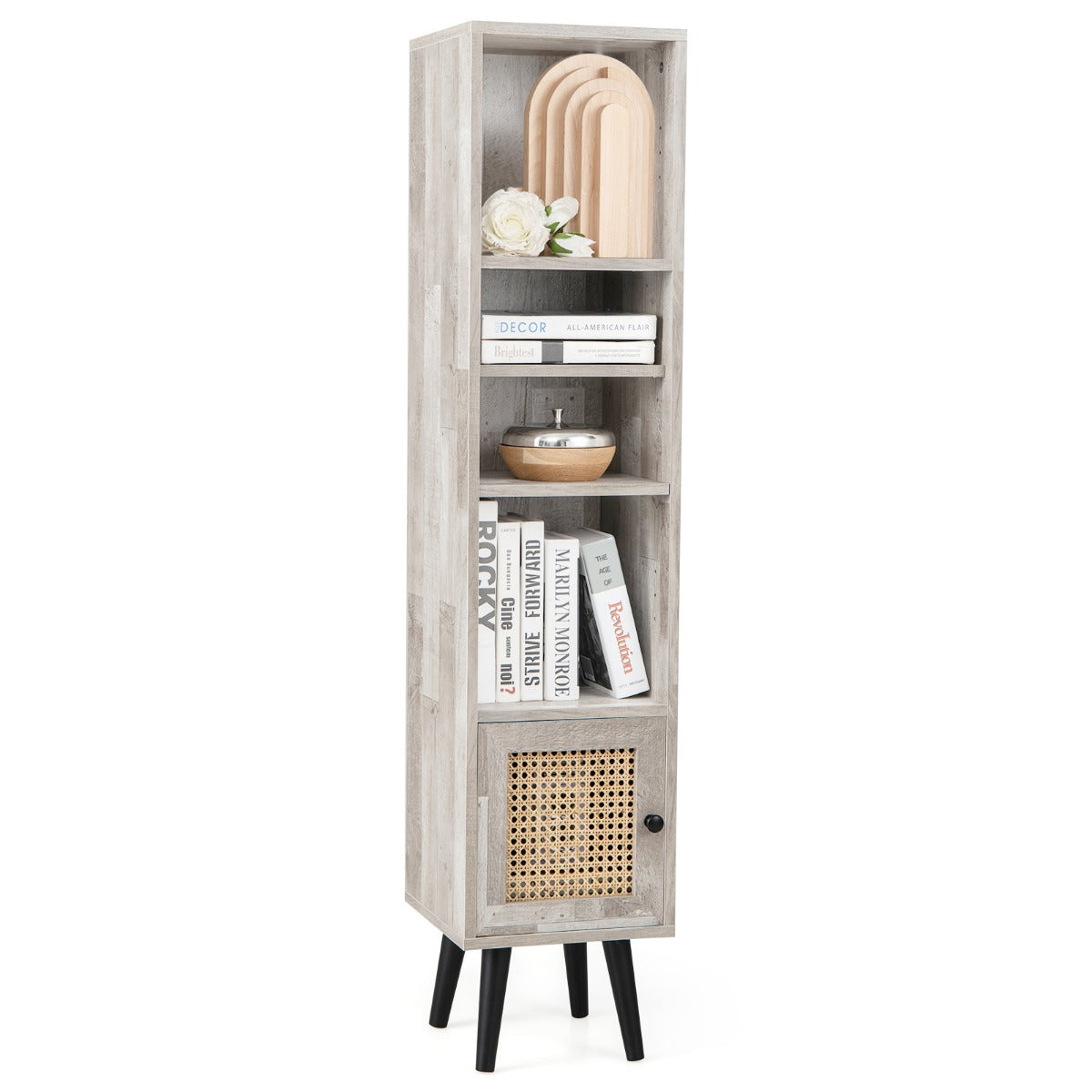 Freestanding Slim Cabinet with Rattan Door and Solid Wood Legs-Black