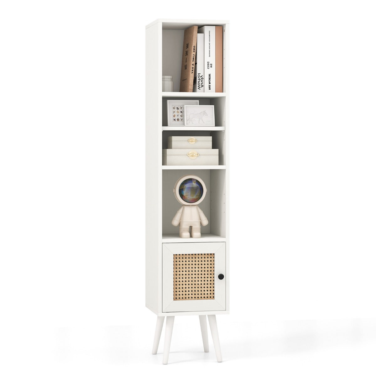 Freestanding Slim Cabinet with Rattan Door and Solid Wood Legs-Black