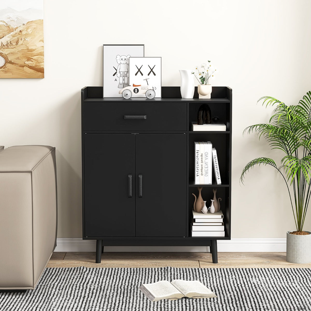 Freestanding Wooden Bookcase with Drawer and Adjustable Shelves-Black