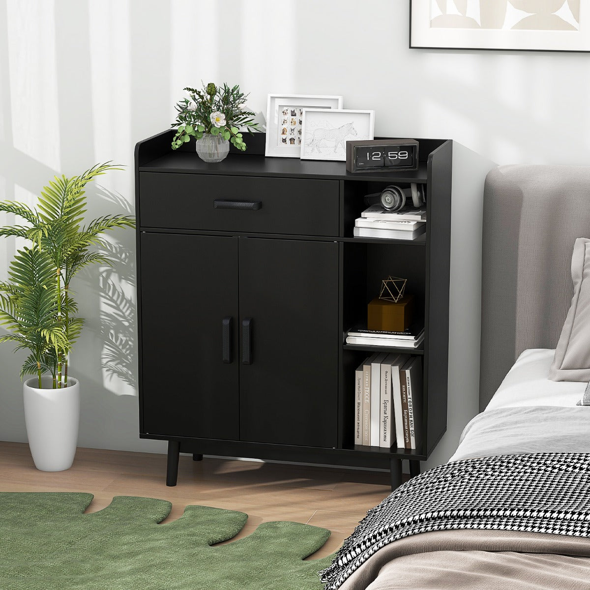 Freestanding Wooden Bookcase with Drawer and Adjustable Shelves-Black