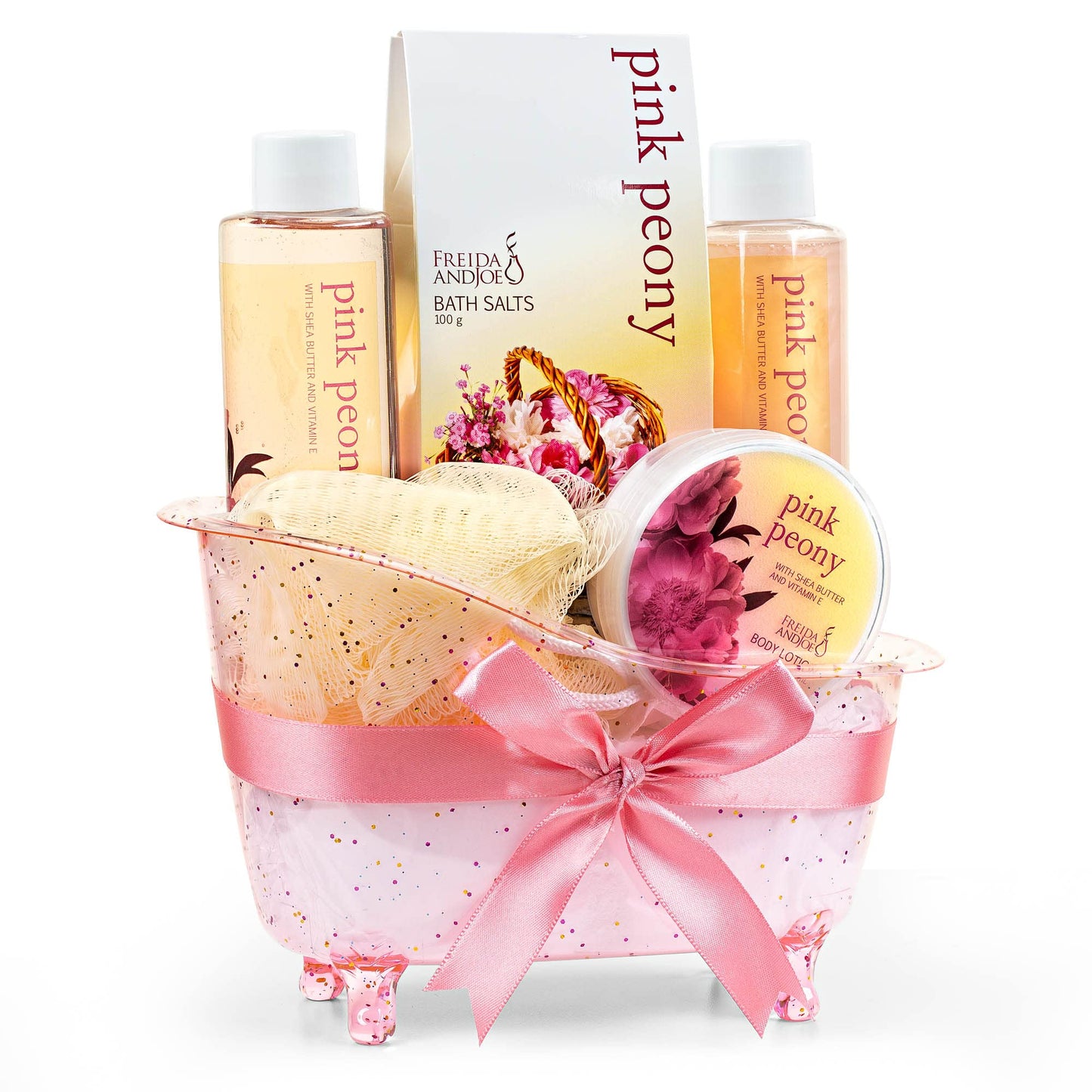 Freida and Joe Home Spa Peony Gift Basket – Valentines Set with Shower Gel, Bubble Bath, Body Lotion & Bath Salt