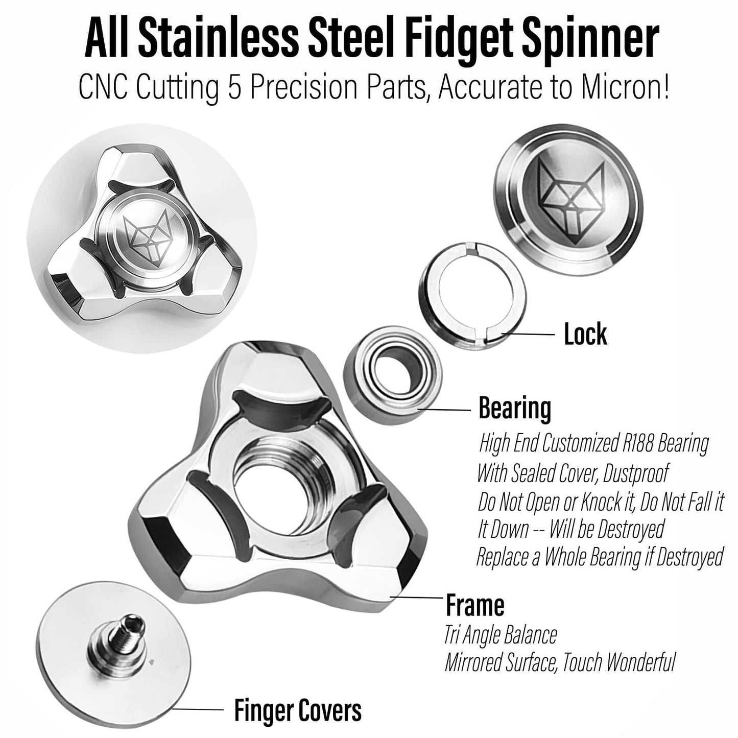 FREELOVE Metal Fidget Spinner for Adults – Stainless Steel, Fox Mini
