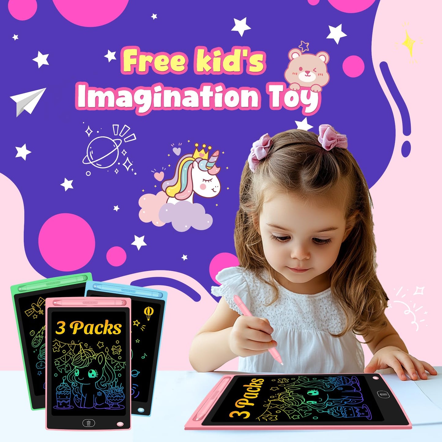 Frelswon 3-Pack LCD Writing Tablet for Kids – 8.5 inch Doodle Board Set (Blue, Green, Pink)