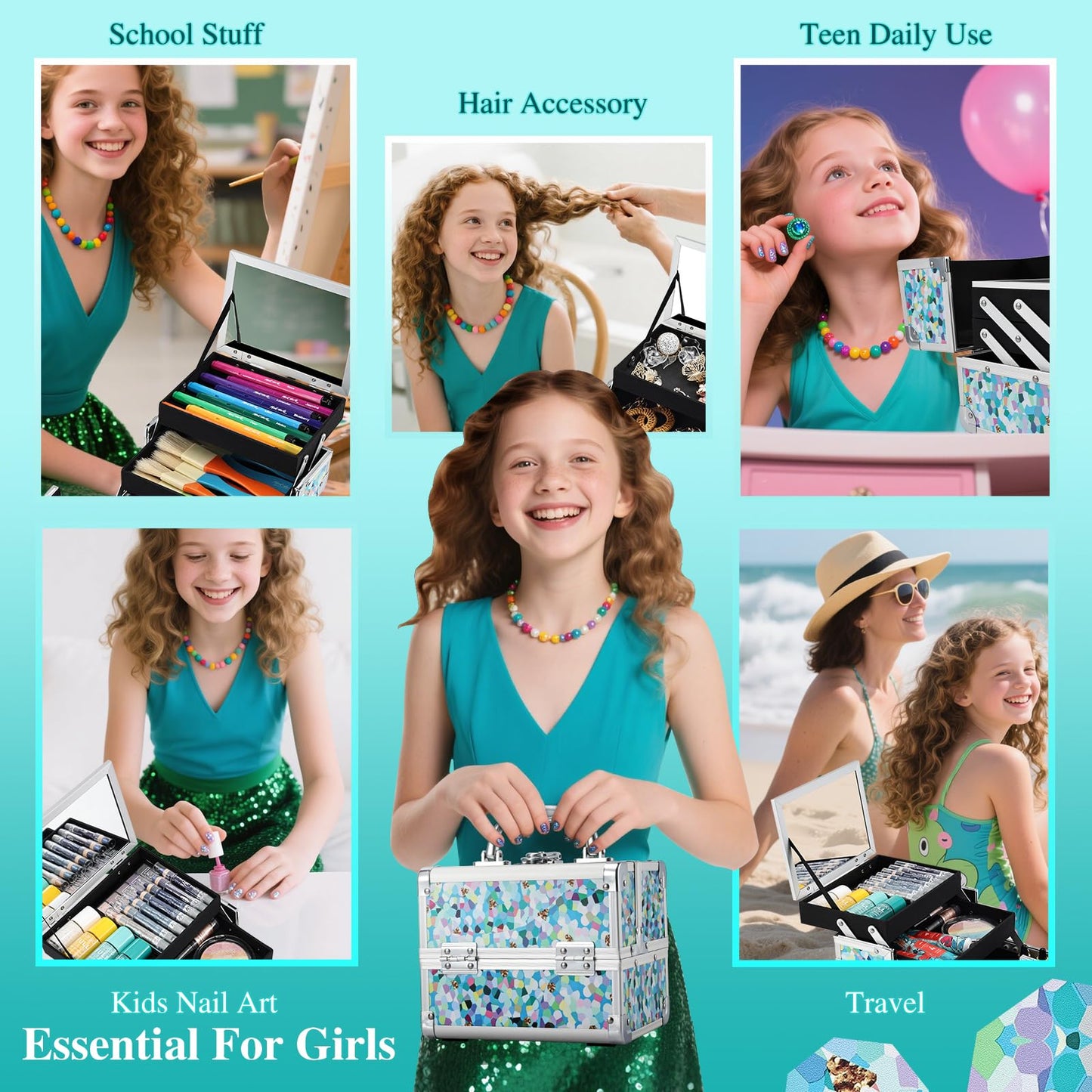 FRENESSA Mosaic Puzzle Train Case – Portable Kids Makeup Box with Mirror, Lockable Travel Cosmetic Organizer