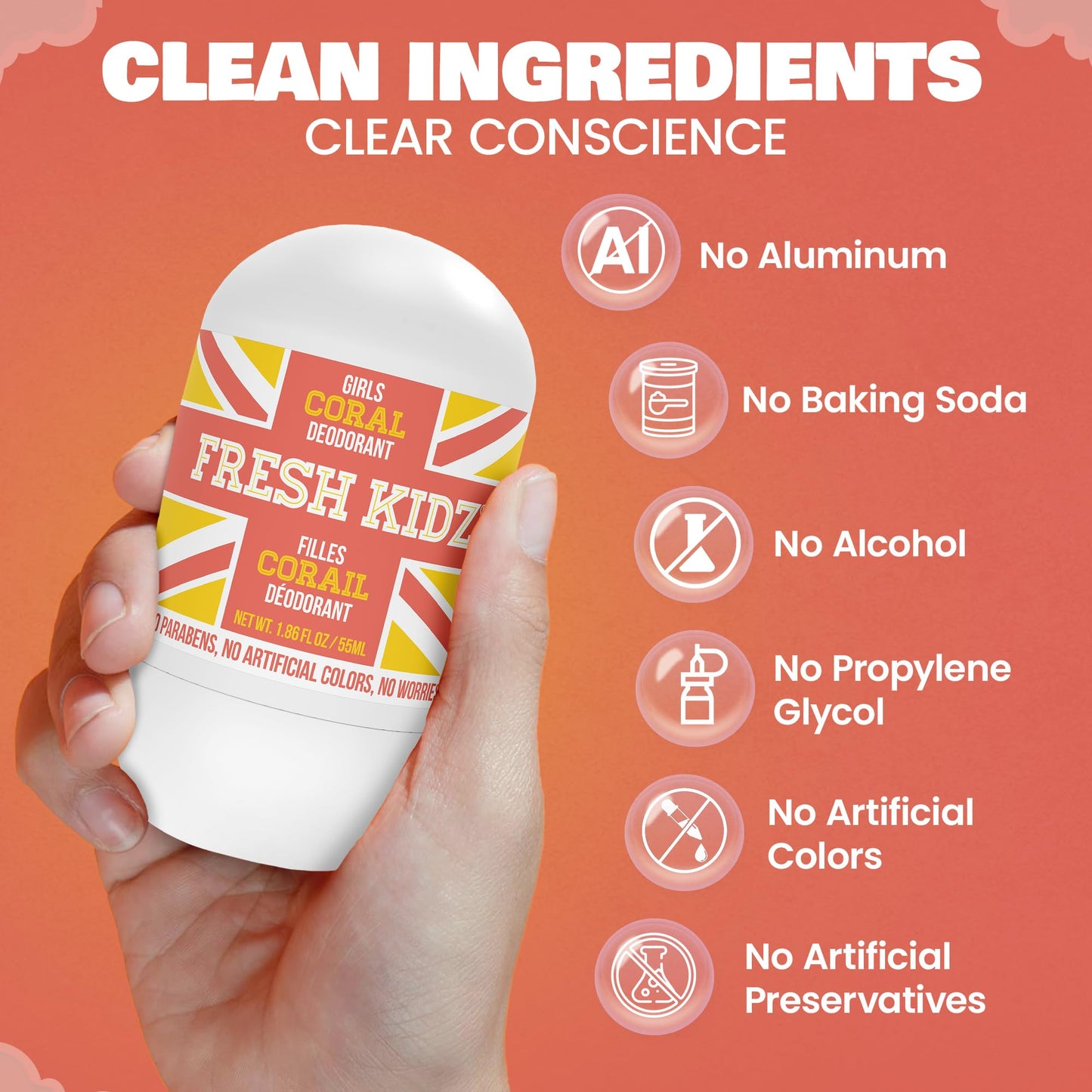 Fresh Kidz Roll On Deodorant – Coral, Aluminum- and Baking Soda-Free for Kids & Teens (3 Pack, 1.86 fl oz) - 24 Hour Protection