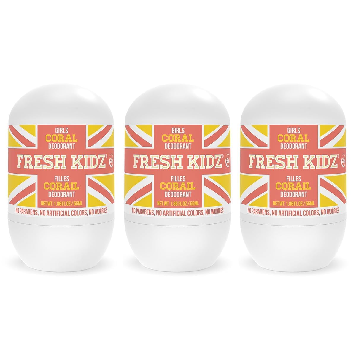 Fresh Kidz Roll On Deodorant – Coral, Aluminum- and Baking Soda-Free for Kids & Teens (3 Pack, 1.86 fl oz) - 24 Hour Protection