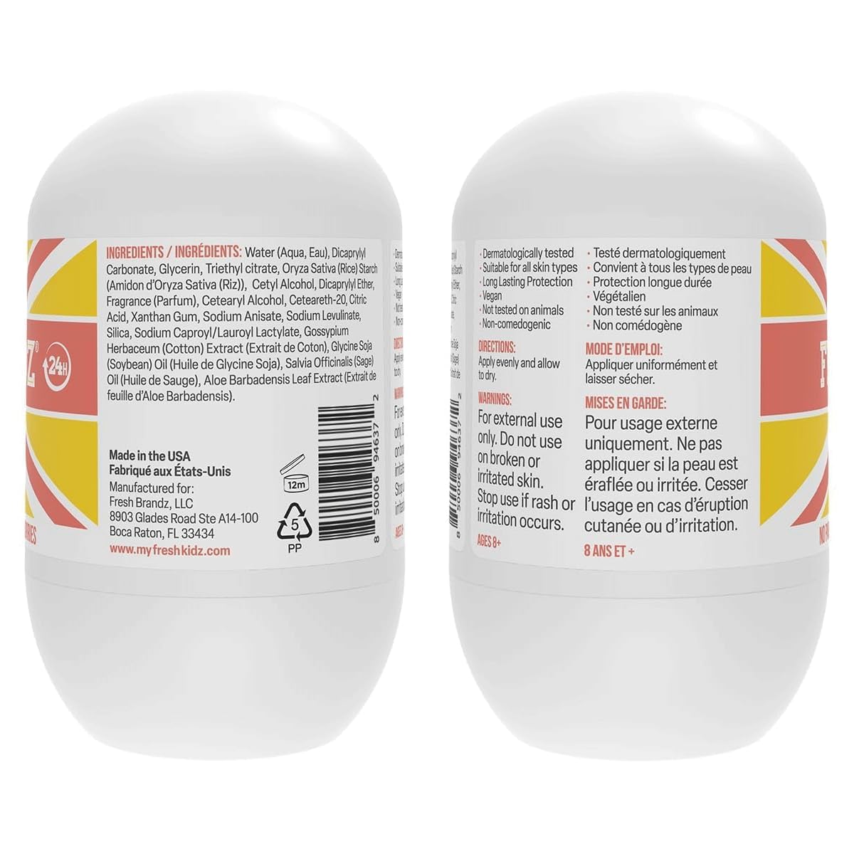 Fresh Kidz Roll On Deodorant – Coral, Aluminum- and Baking Soda-Free for Kids & Teens (3 Pack, 1.86 fl oz) - 24 Hour Protection