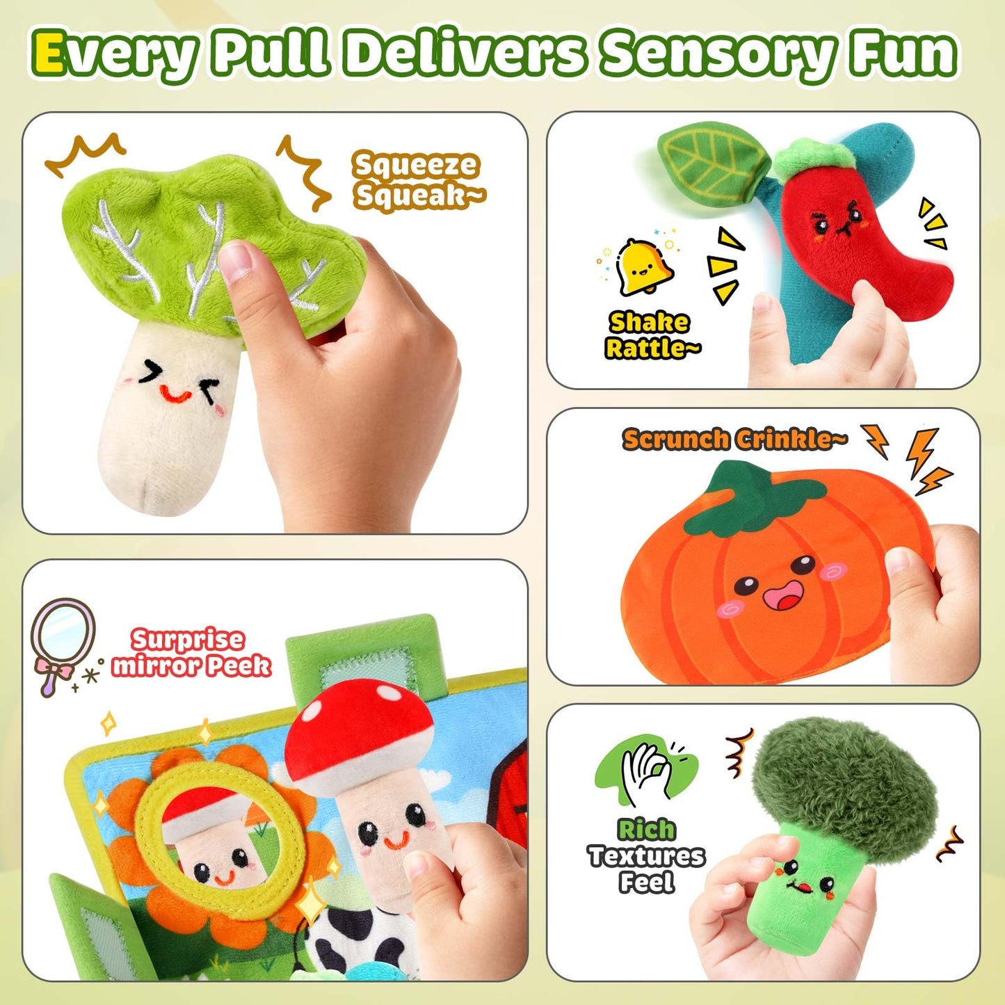 FREYBLI Baby Toys 6-12 Months – Soft Garden Plush with Rattle, Mirror & Textures