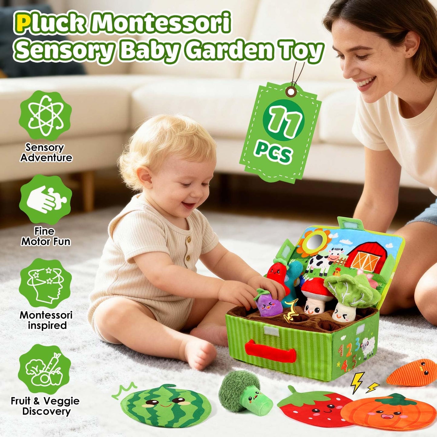FREYBLI Baby Toys 6-12 Months – Soft Garden Plush with Rattle, Mirror & Textures