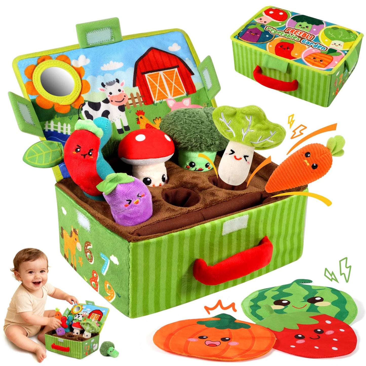 FREYBLI Baby Toys 6-12 Months – Soft Garden Plush with Rattle, Mirror & Textures