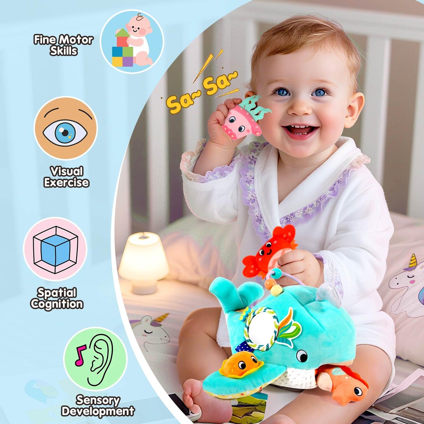 FREYBLI Baby Toys 6-12 Months – Soft Ocean Adventure Toy Set with Rattle, Crinkle, Squeaker & Mirror
