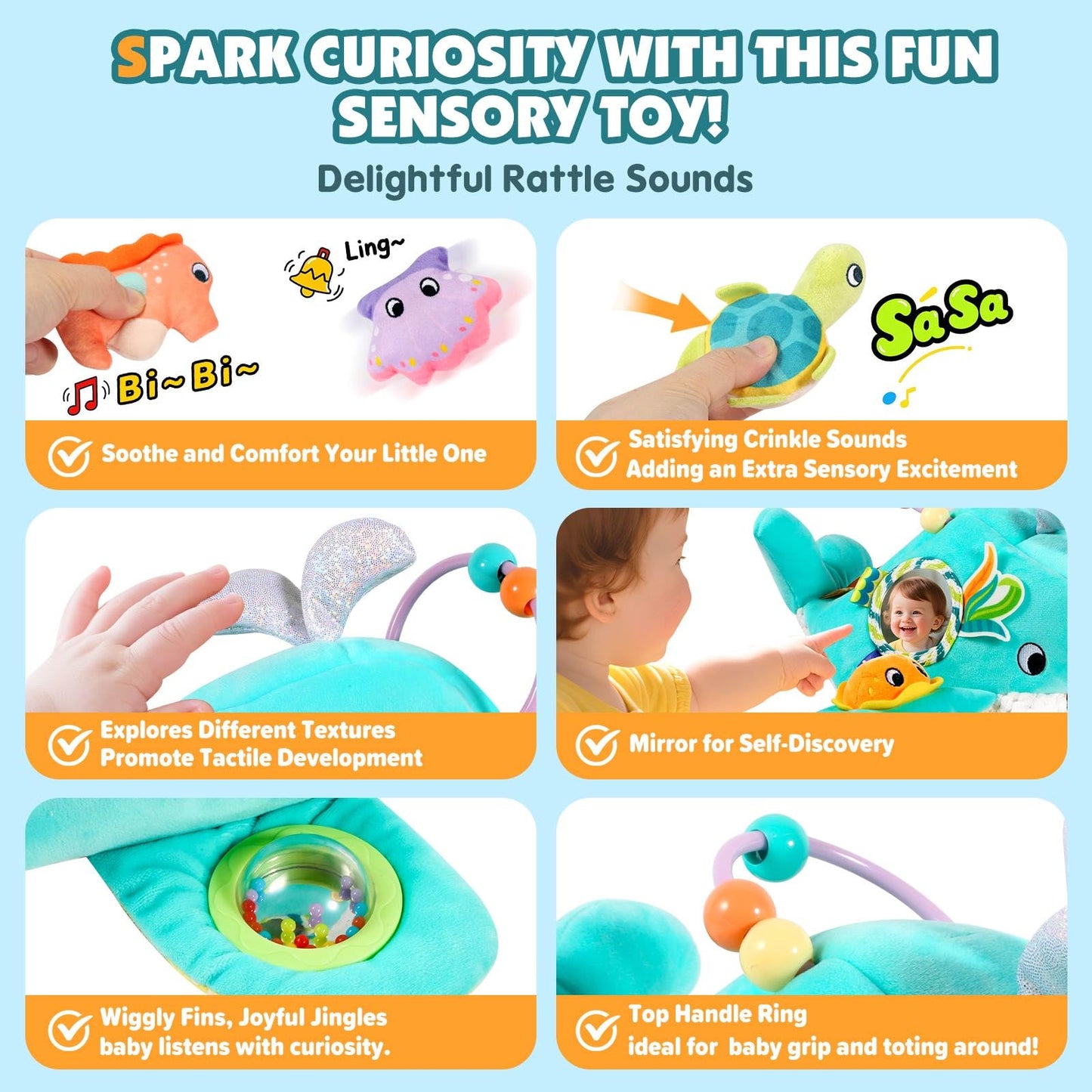 FREYBLI Baby Toys 6-12 Months – Soft Ocean Adventure Toy Set with Rattle, Crinkle, Squeaker & Mirror