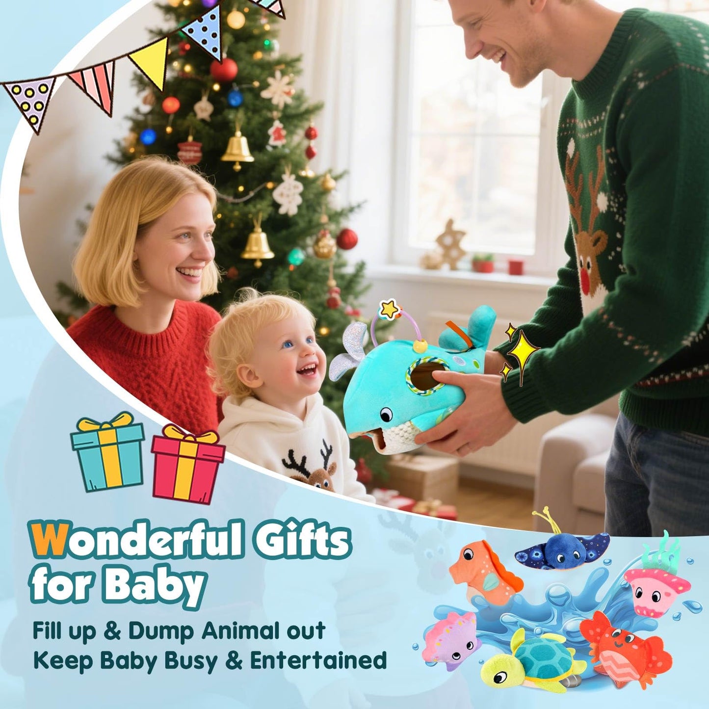FREYBLI Baby Toys 6-12 Months – Soft Ocean Adventure Toy Set with Rattle, Crinkle, Squeaker & Mirror