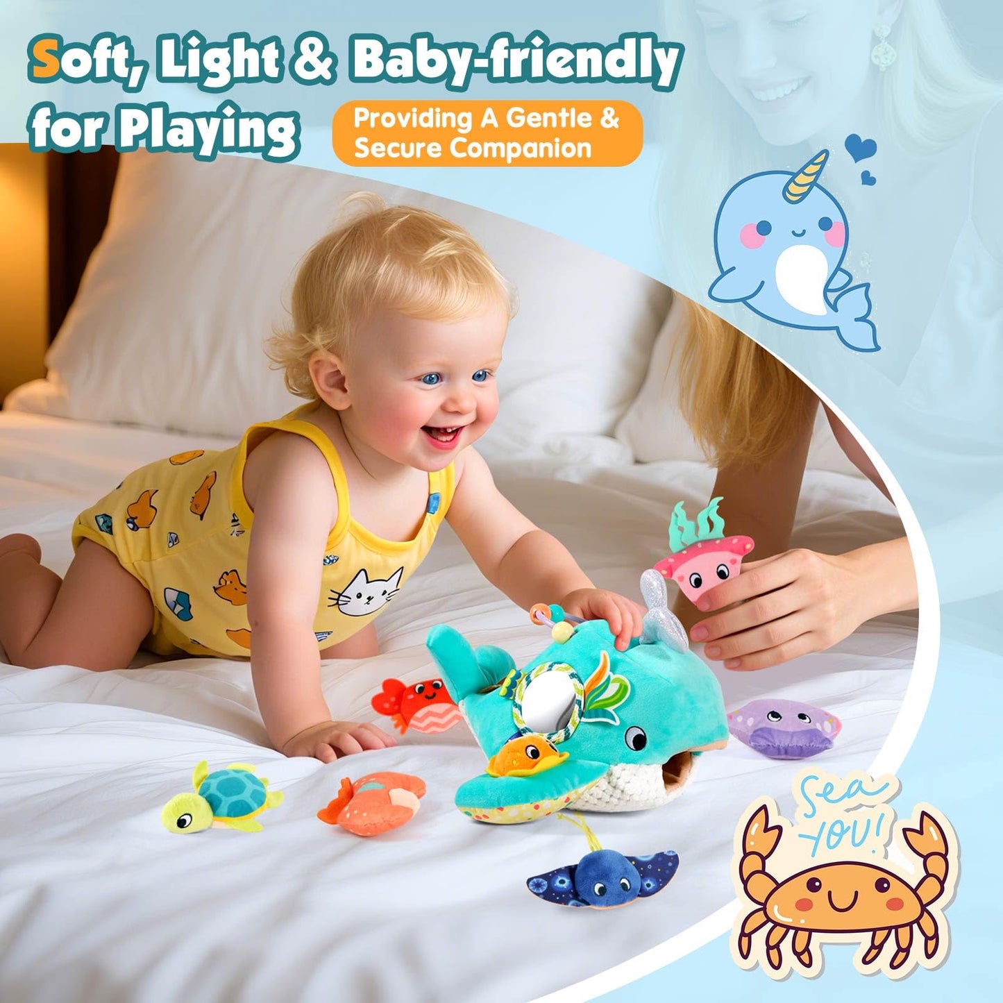 FREYBLI Baby Toys 6-12 Months – Soft Ocean Adventure Toy Set with Rattle, Crinkle, Squeaker & Mirror