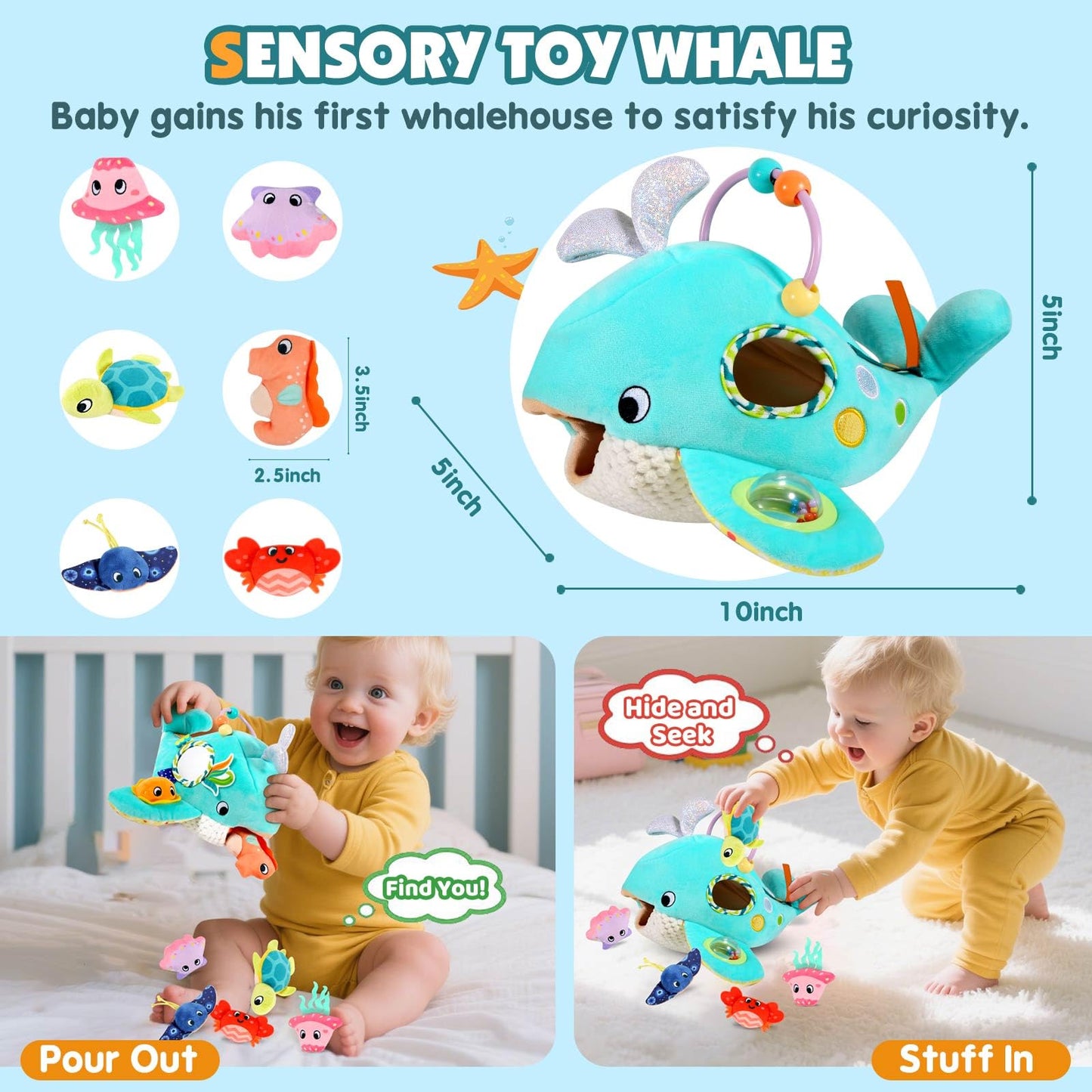 FREYBLI Baby Toys 6-12 Months – Soft Ocean Adventure Toy Set with Rattle, Crinkle, Squeaker & Mirror
