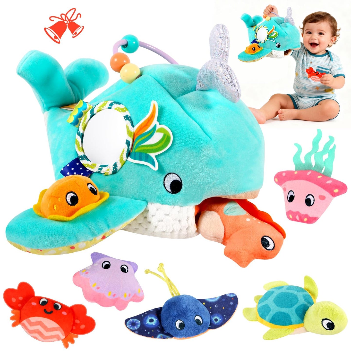 FREYBLI Baby Toys 6-12 Months – Soft Ocean Adventure Toy Set with Rattle, Crinkle, Squeaker & Mirror