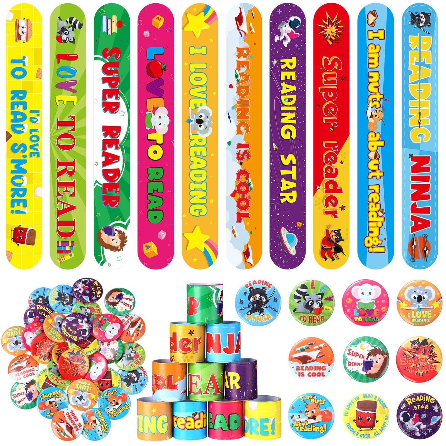 Frienda 60 Pcs Love to Read Slap Bracelets & Pins — Classroom Rewards & Book Week Prizes